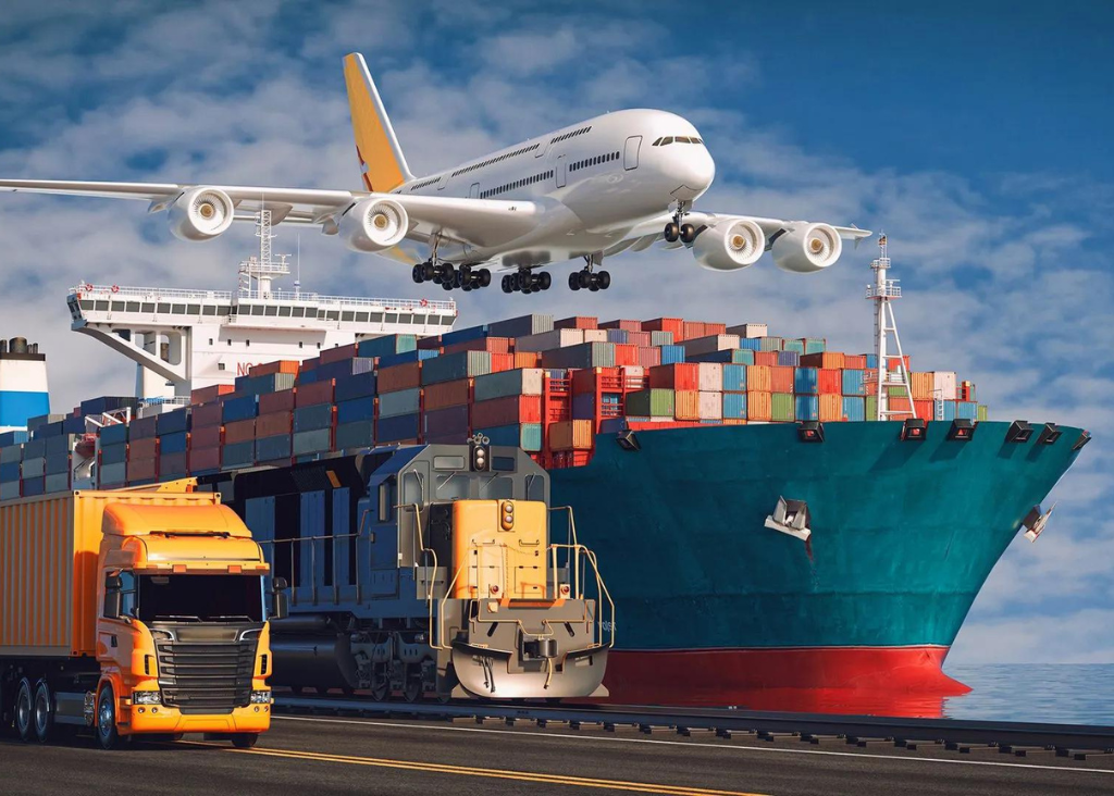 A container ship and logistics map illustrating global transport coordination.